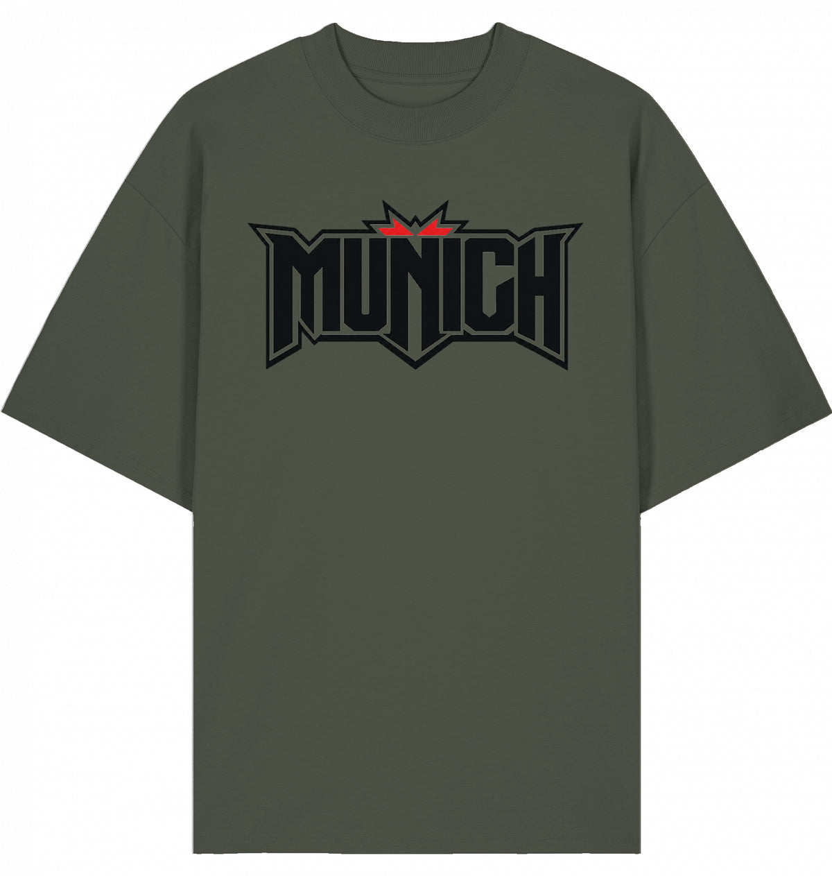 VESTR FEST 01 – MUNICH Oversized Tee in Khaki, MUNICH-Schriftzug vorne, von SUÐR