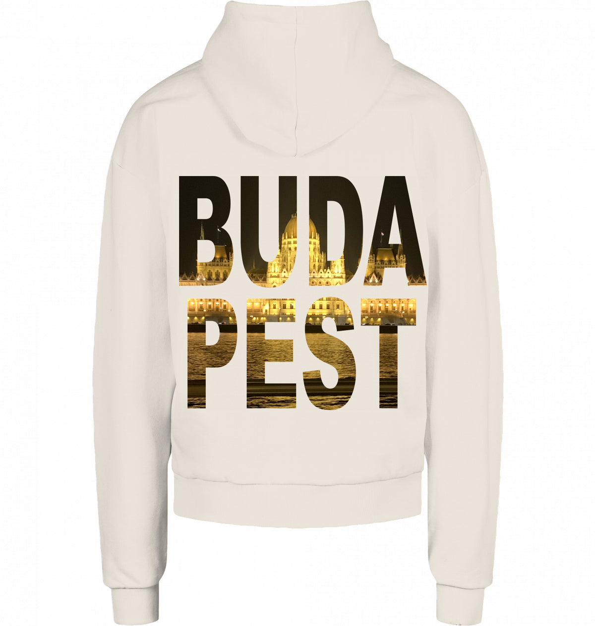 CITY 01 HOODIE BUDAPEST in Sand, BUDA PEST Knockout mit Parlament auf dem Rücken, von SUÐR