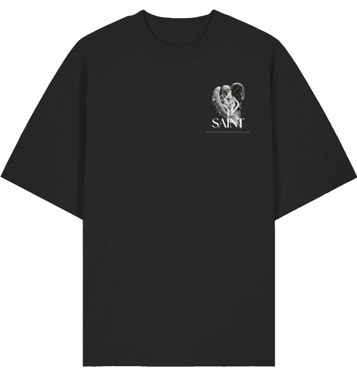 VESTR SAINT – Oversized Tee in Black, kleines SAINT-Zeichen auf der Brust von SUÐR