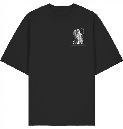 VESTR SAINT – Oversized Tee in Black, kleines SAINT-Zeichen auf der Brust von SUÐR