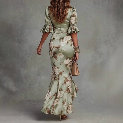 Elegant Long Dress with V-Neck, Fitted Silhouette, Floral Print and Ruffle Hem eprolo