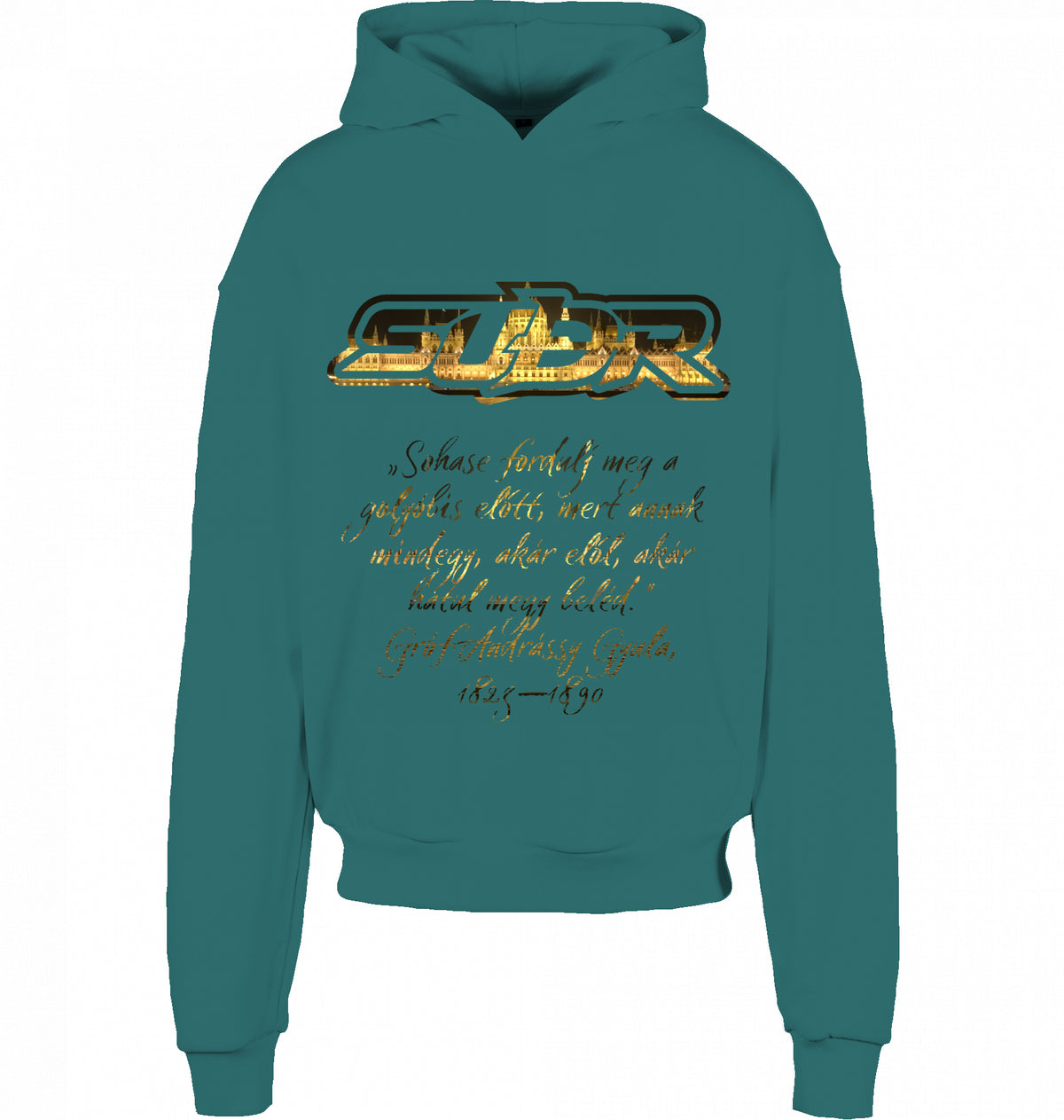 CITY 01 HOODIE BUDAPEST in Retro Green, SUÐR-Schriftzug und Andrássy-Zitat vorne, von SUÐR
