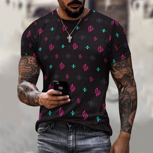 SUÐR Signature Crew Tee Hombre – Negro/Rosa-Turquesa