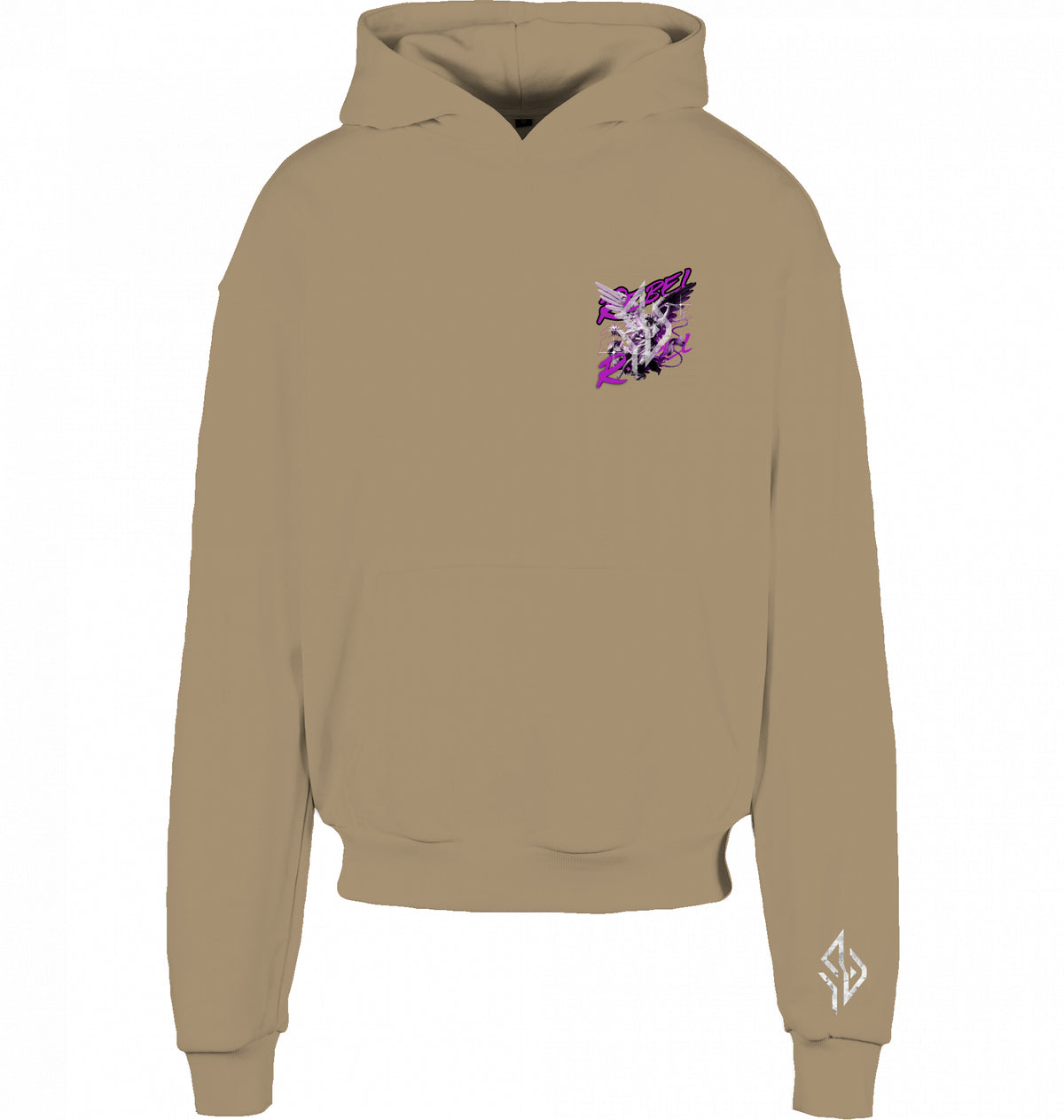 VESTR REBEL – Heavy Box Hoodie in U. Beige, kleines REBEL-Motiv auf der Brust und Zeichen am Ärmel, von SUÐR