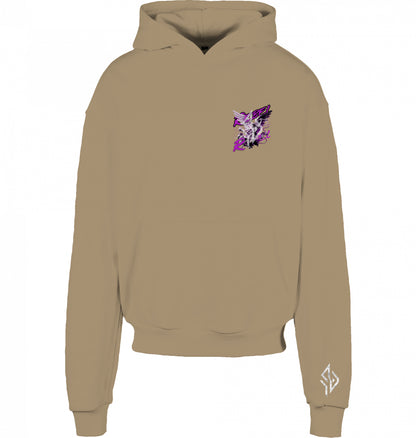 VESTR REBEL – Heavy Box Hoodie in U. Beige, kleines REBEL-Motiv auf der Brust und Zeichen am Ärmel, von SUÐR