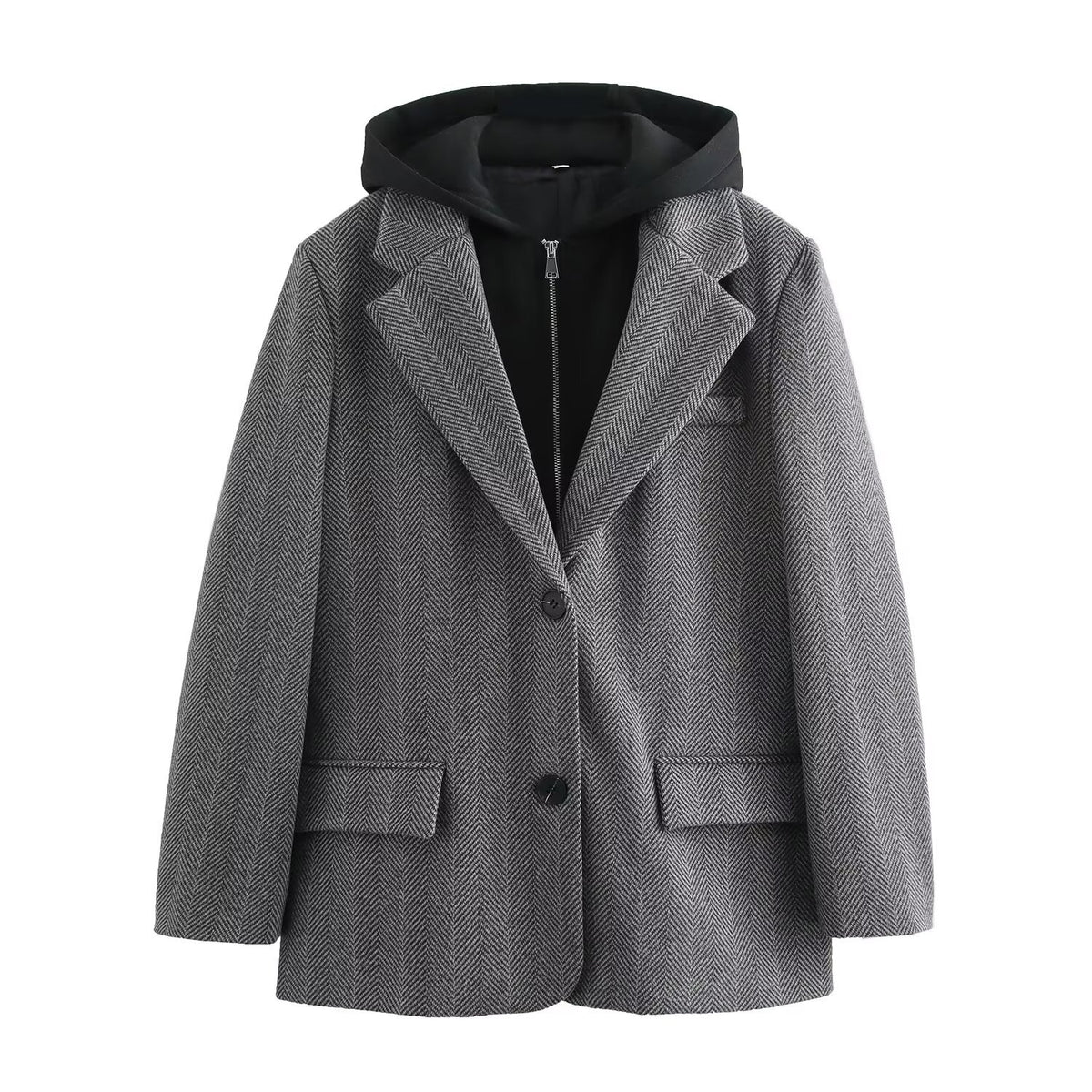 European and American style women's new hooded patchwork herringbone diagonal long sleeved suit jacket