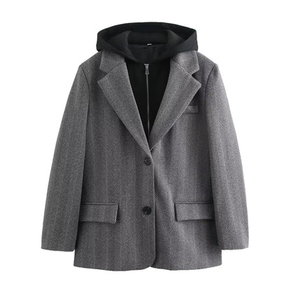 European and American style women's new hooded patchwork herringbone diagonal long sleeved suit jacket