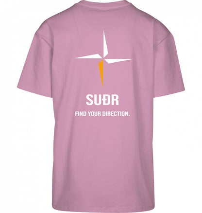 SUÐR FIND Heavy Oversize Tee in Soft Pink – Rückansicht mit Kompass-Stern und Find Your Direction