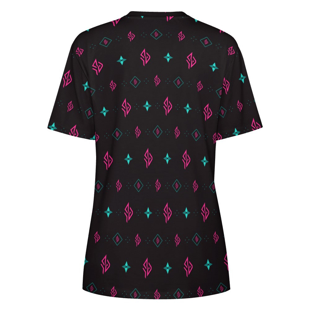 SUÐR Signature Tee Damen – Schwarz/Pink-Türkis