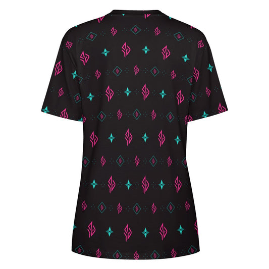 SUÐR Monogramm Tee Damen – Schwarz/Pink-Türkis