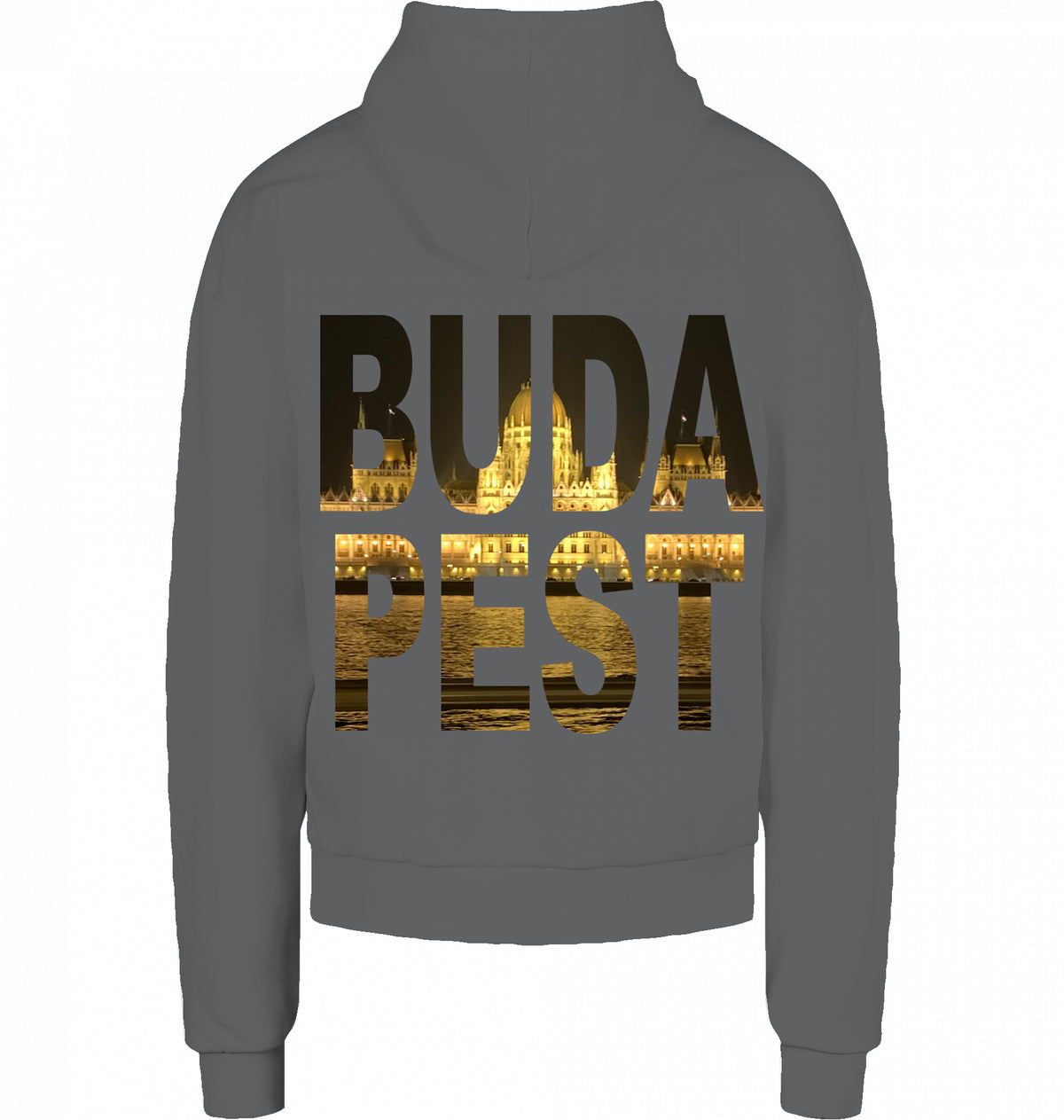 CITY 01 HOODIE BUDAPEST in Dunkelgrau, BUDA PEST Knockout mit Parlament auf dem Rücken, von SUÐR