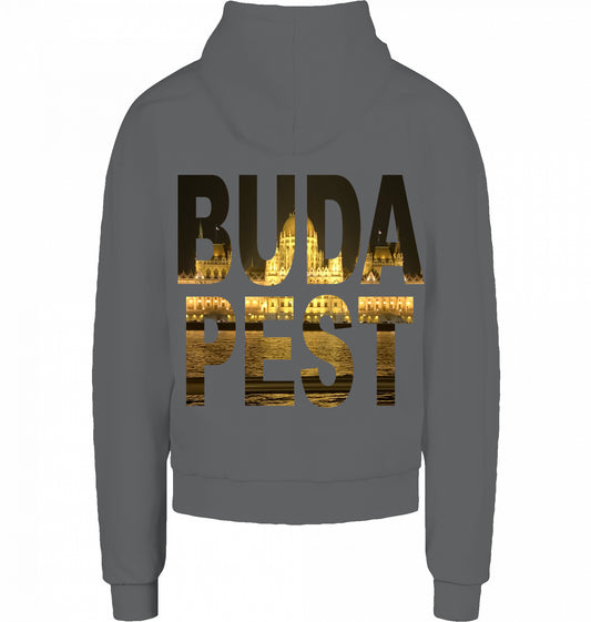 CITY 01 HOODIE BUDAPEST in Dunkelgrau, BUDA PEST Knockout mit Parlament auf dem Rücken, von SUÐR