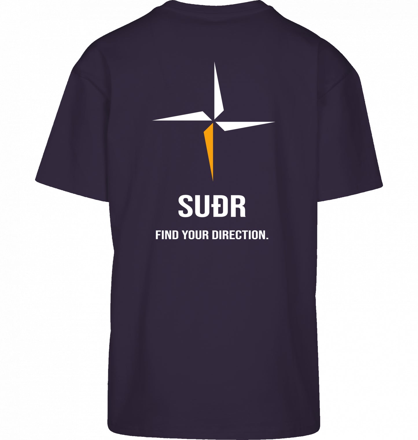 SUÐR FIND Heavy Oversize Tee in Purple Night – Rückansicht mit Kompass-Stern und Find Your Direction