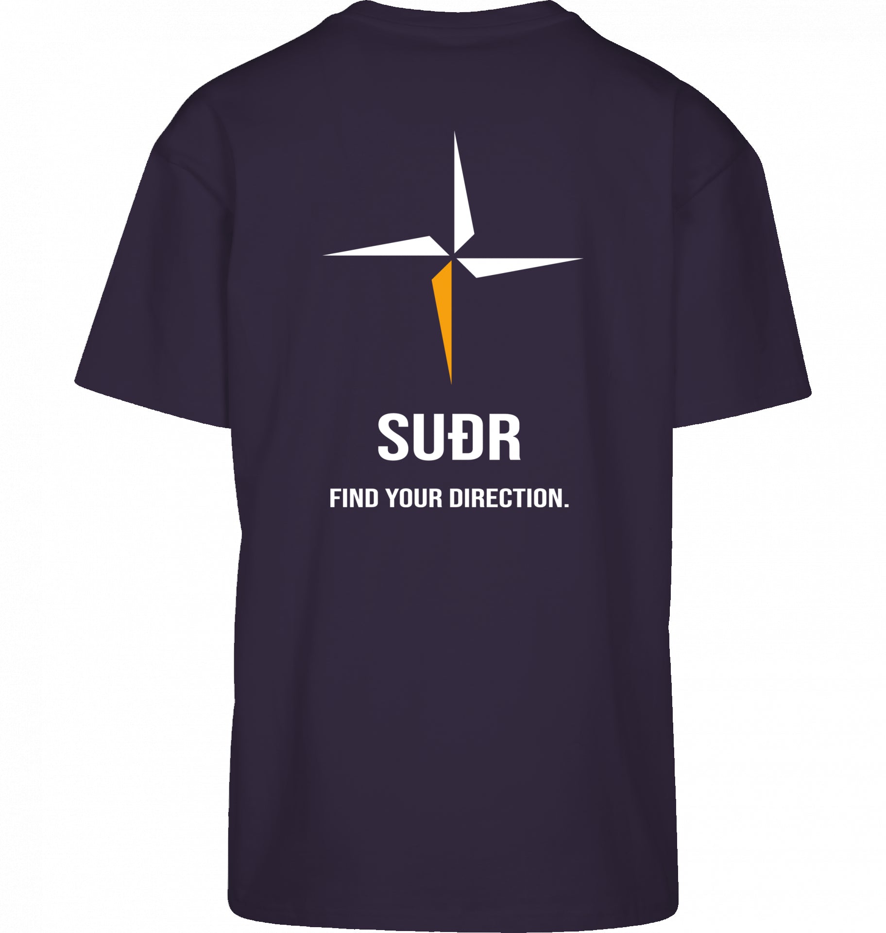 SUÐR FIND Heavy Oversize Tee in Purple Night – Rückansicht mit Kompass-Stern und Find Your Direction