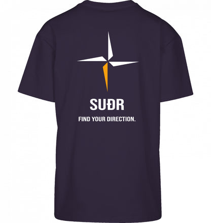 SUÐR FIND Heavy Oversize Tee in Purple Night – Rückansicht mit Kompass-Stern und Find Your Direction