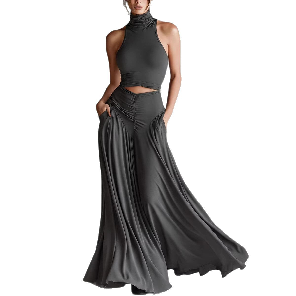 Style Sleeveless High Neck Top with Elegant Long Dress Two-Piece Set eprolo
