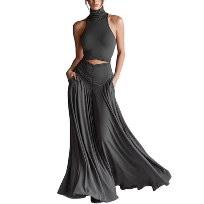 Style Sleeveless High Neck Top with Elegant Long Dress Two-Piece Set eprolo
