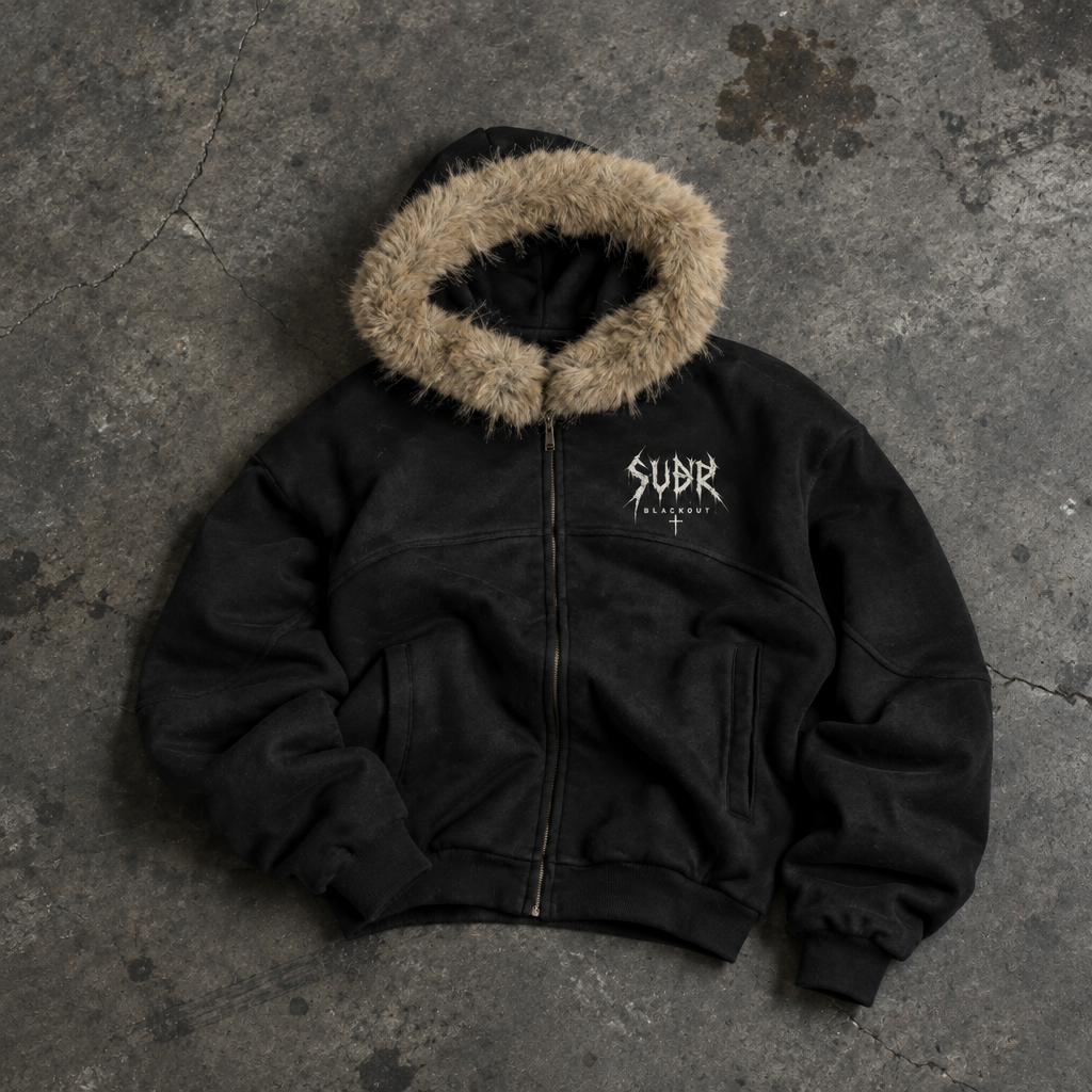 BLACKOUT sun fade boxy detachable fur Hoodie – Ansicht 1