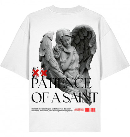 VESTR SAINT – Oversized Tee in White, Engel-Backprint „Patience of a Saint“ von SUÐR