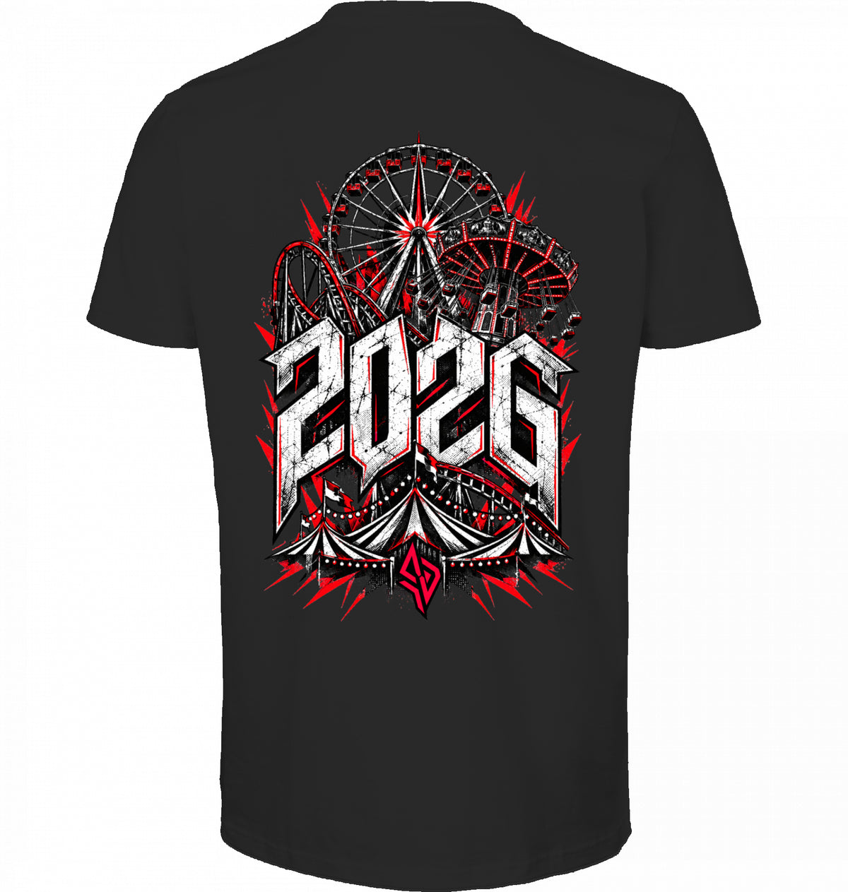 VESTR FEST 02 – MUNICH V-Neck Tee in Black, 2026-Backprint mit Riesenrad und Zelt, von SUÐR