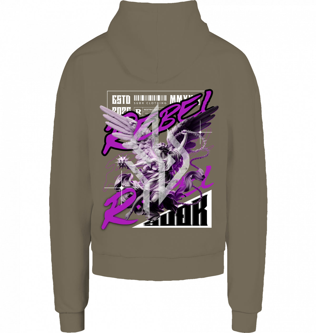 VESTR REBEL – Heavy Box Hoodie in Olive, Engel-Backprint REBEL von SUÐR