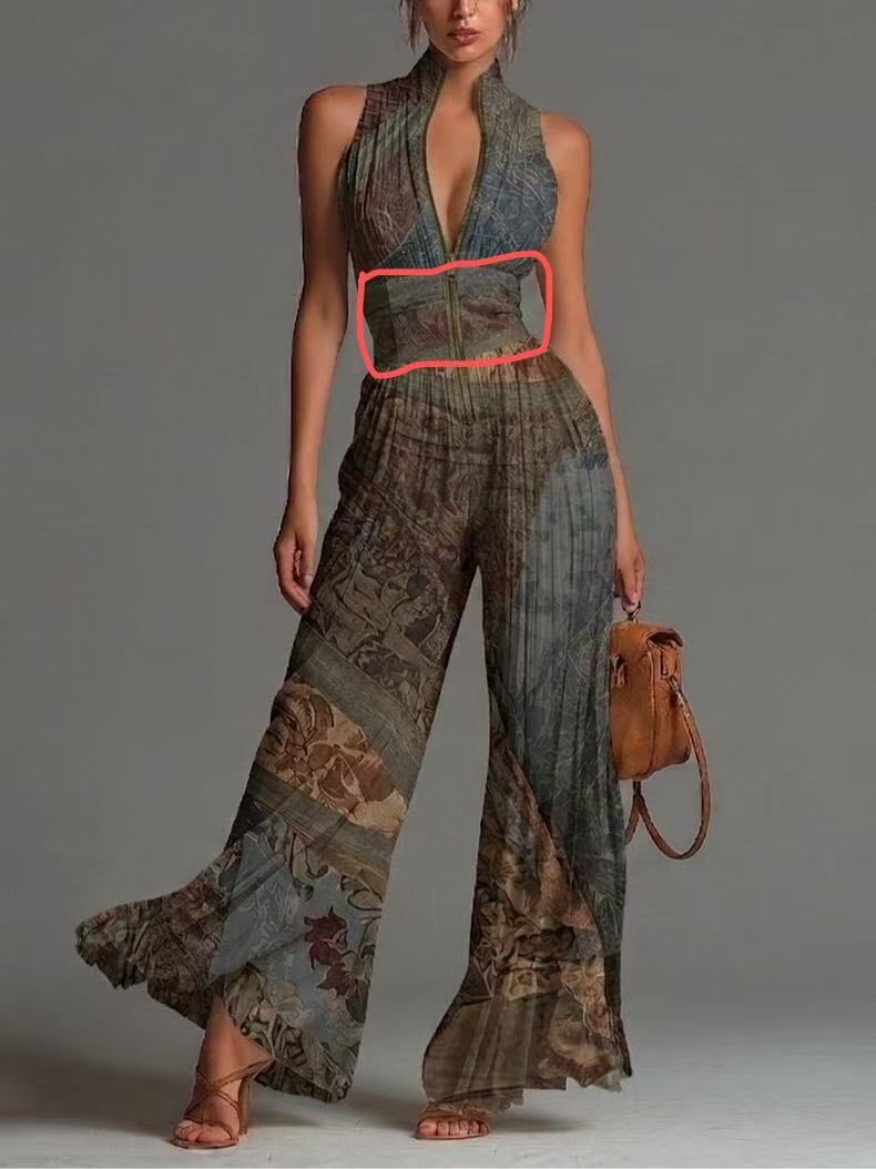 White Pleated Strap Neck Jumpsuit for Women, Long Wide Leg Fashion Sexy Folded Design eprolo
