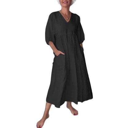 Deep V-neck pleated solid color pocket dress eprolo