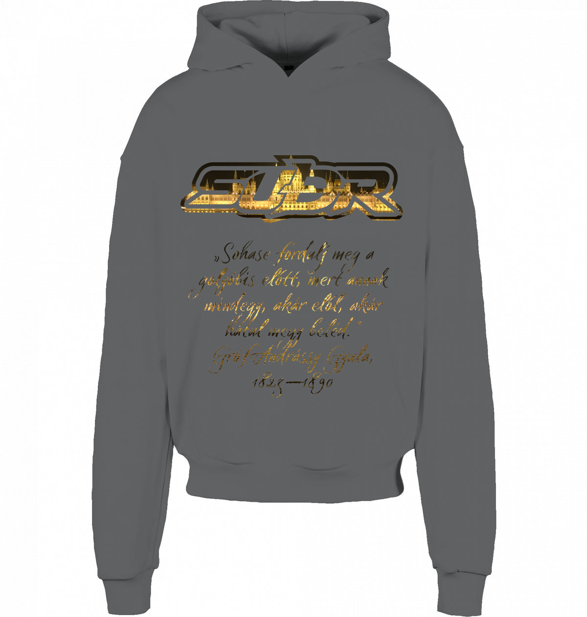 CITY 01 HOODIE BUDAPEST in Dunkelgrau, SUÐR-Schriftzug und Andrássy-Zitat vorne, von SUÐR