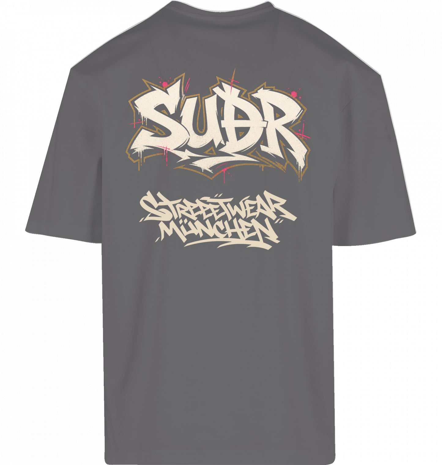 SUÐR FIND Loose Fit Tee in Magnet – Rückseite mit SUÐR Graffiti-Print Streetwear München