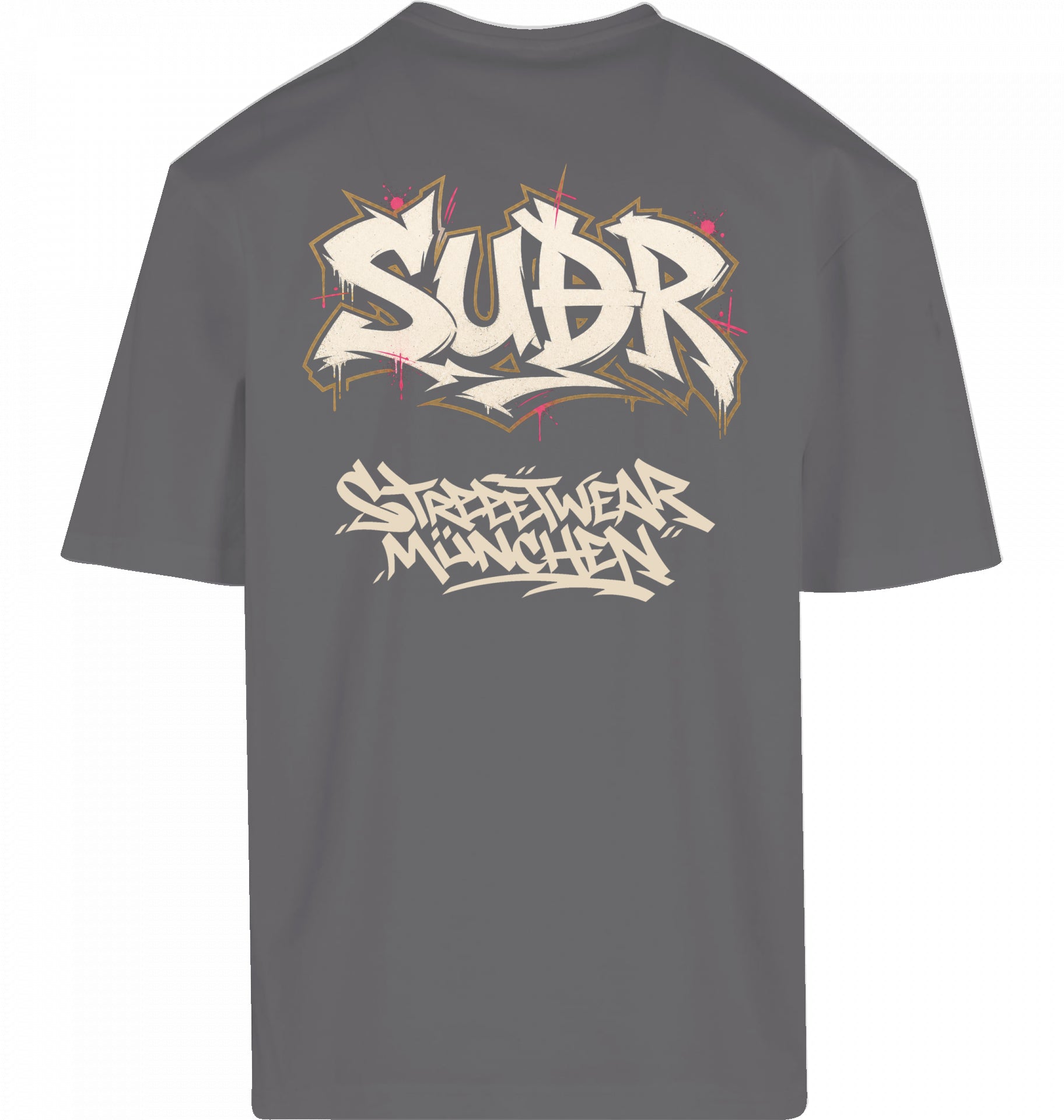 SUÐR FIND Loose Fit Tee in Magnet – Rückseite mit SUÐR Graffiti-Print Streetwear München