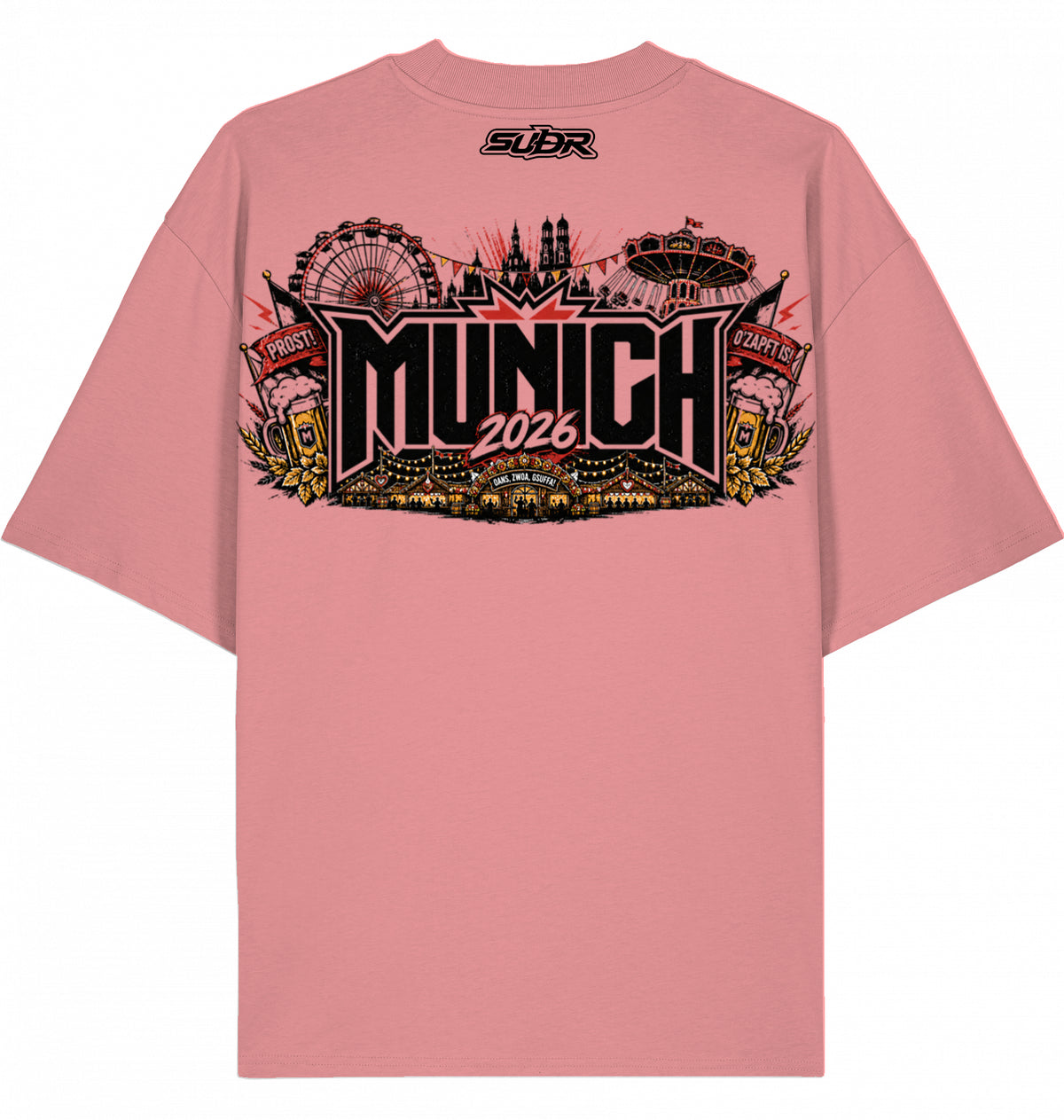 VESTR FEST 01 – MUNICH Oversized Tee in Pink Joy, Wiesn-Panorama mit 2026 auf dem Rücken, von SUÐR