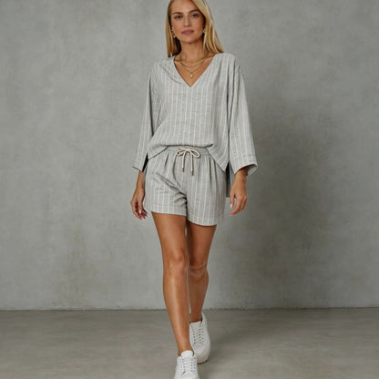 Loose V-neck long sleeved shorts striped set eprolo