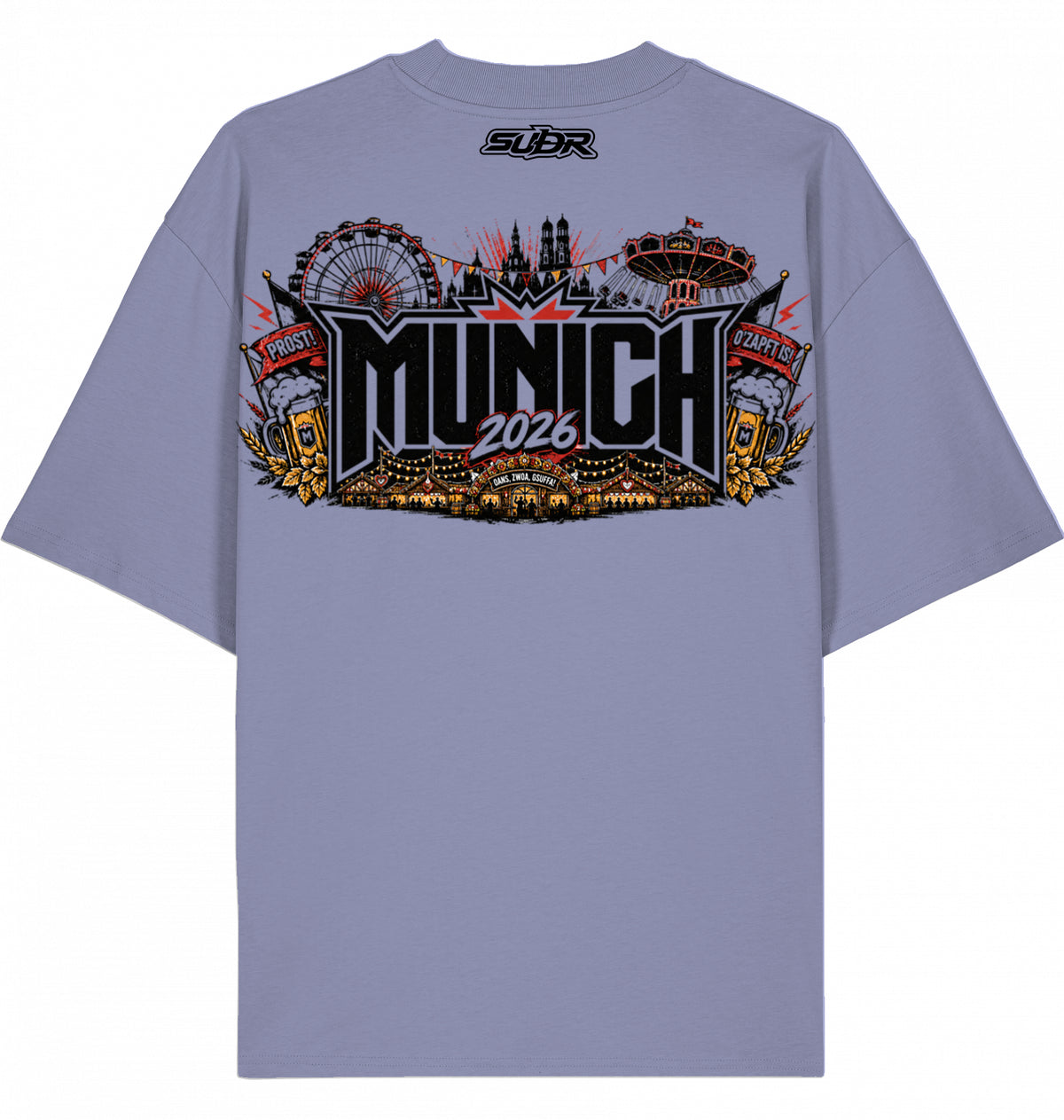 VESTR FEST 01 – MUNICH Oversized Tee in Violet, Wiesn-Panorama mit 2026 auf dem Rücken, von SUÐR