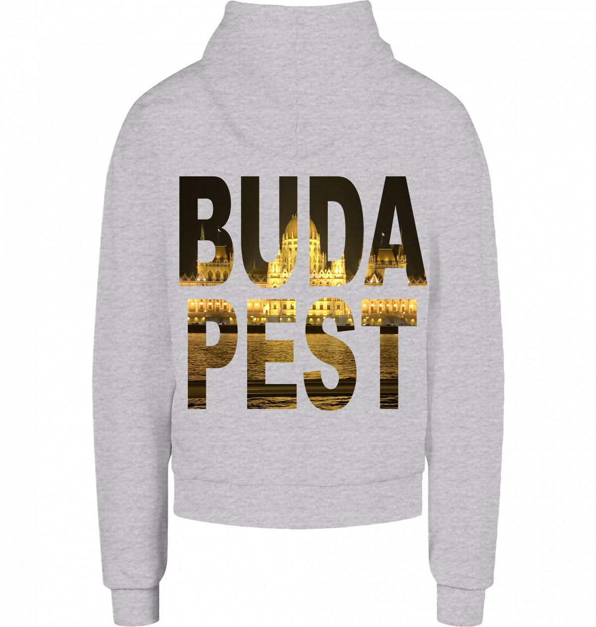 CITY 01 HOODIE BUDAPEST in Grau, BUDA PEST Knockout mit Parlament auf dem Rücken, von SUÐR
