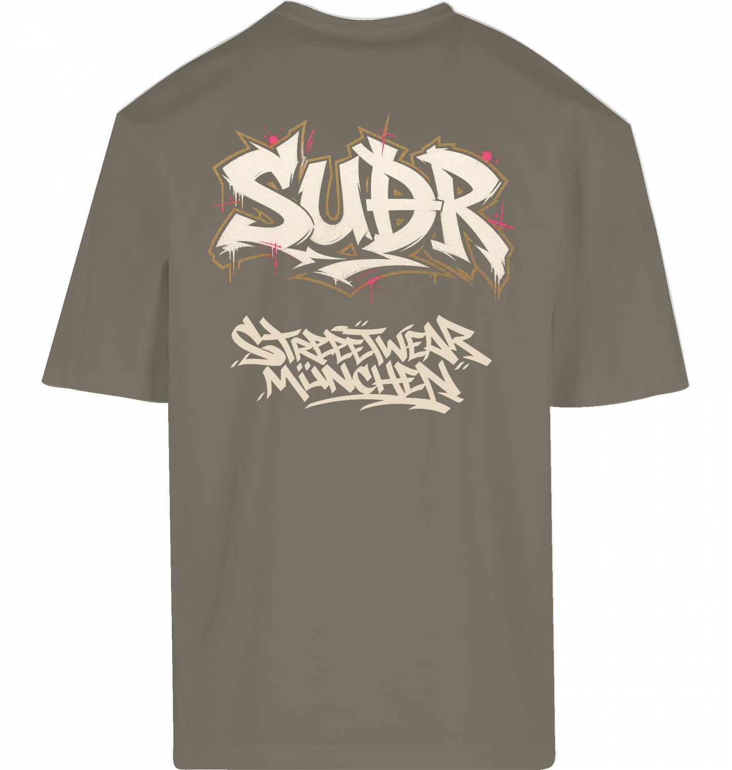 SUÐR FIND Loose Fit Tee in Pale Olive – Rückseite mit SUÐR Graffiti-Print Streetwear München