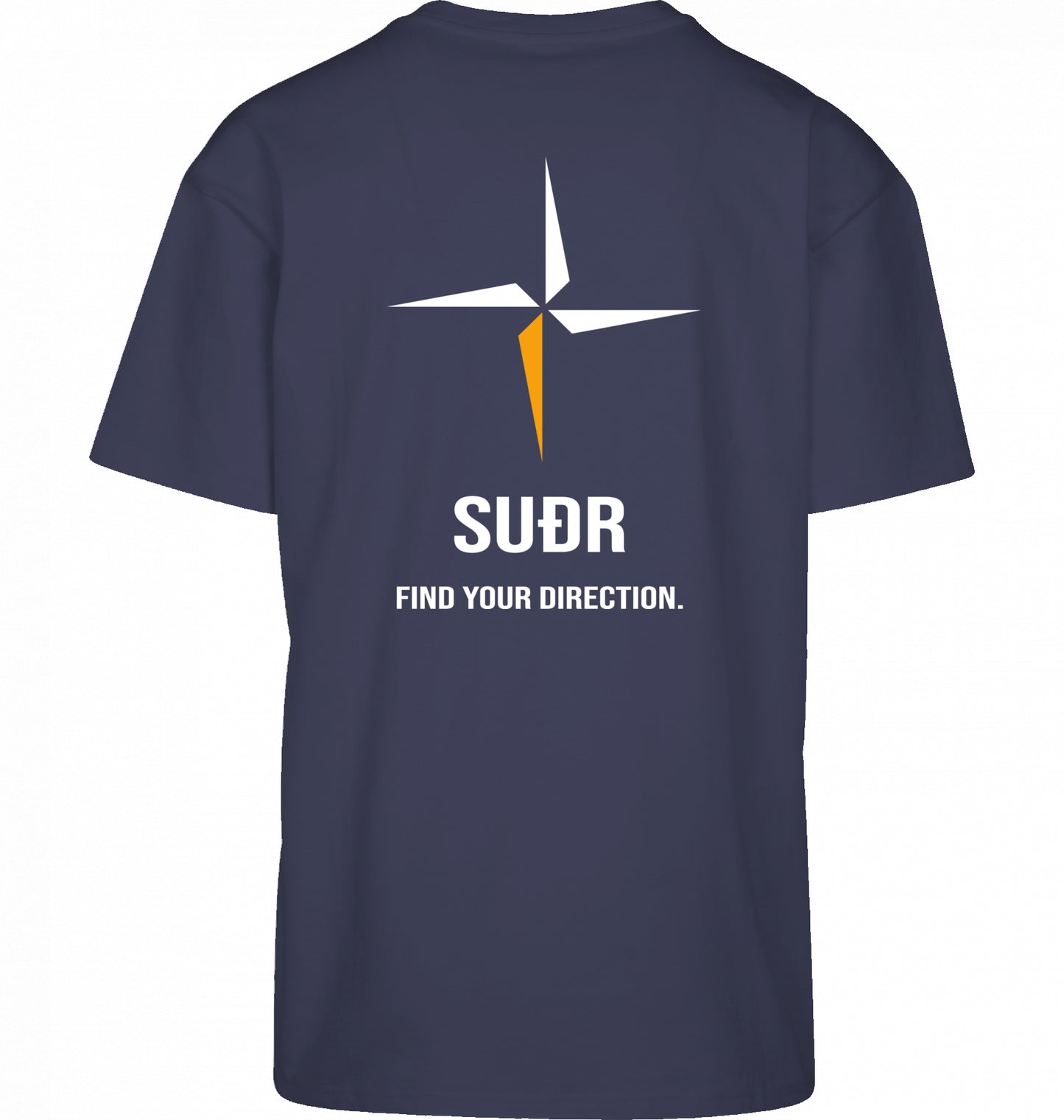 SUÐR FIND Heavy Oversize Tee in Navy – Rückansicht mit Kompass-Stern und Find Your Direction