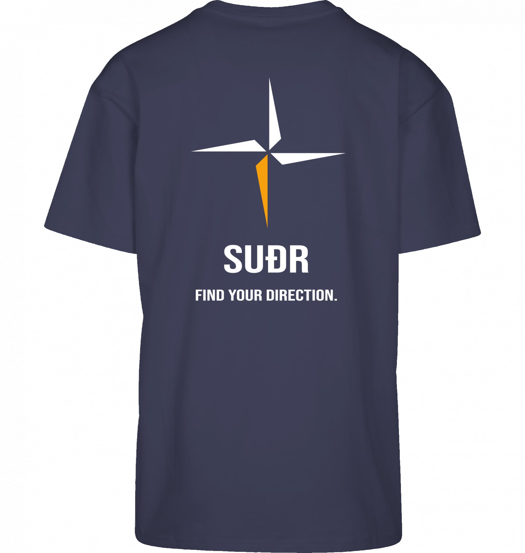SUÐR FIND Heavy Oversize Tee in Navy – Rückansicht mit Kompass-Stern und Find Your Direction
