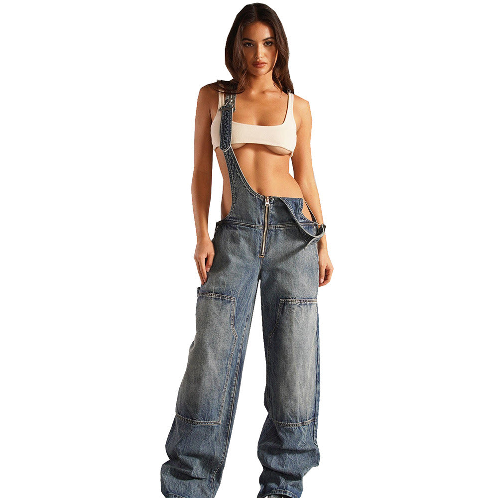 Women's Denim Jumpsuit Street Style Multi-pocket Overalls Loose Waist Straight Leg Pants eprolo