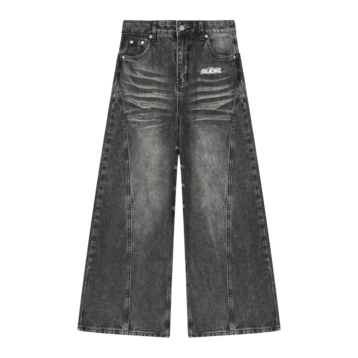 SUÐR Denim Wide Leg Women – Jeans in Black, Vorderseite, schwarze Vintage-Waschung mit SUÐR-Schriftzug unter dem Bund