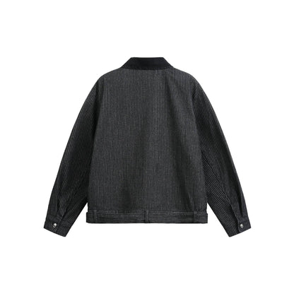 Vertical Stripe Color-Blocked Notch Lapel Short Jacket Men's Preppy Outerwear
