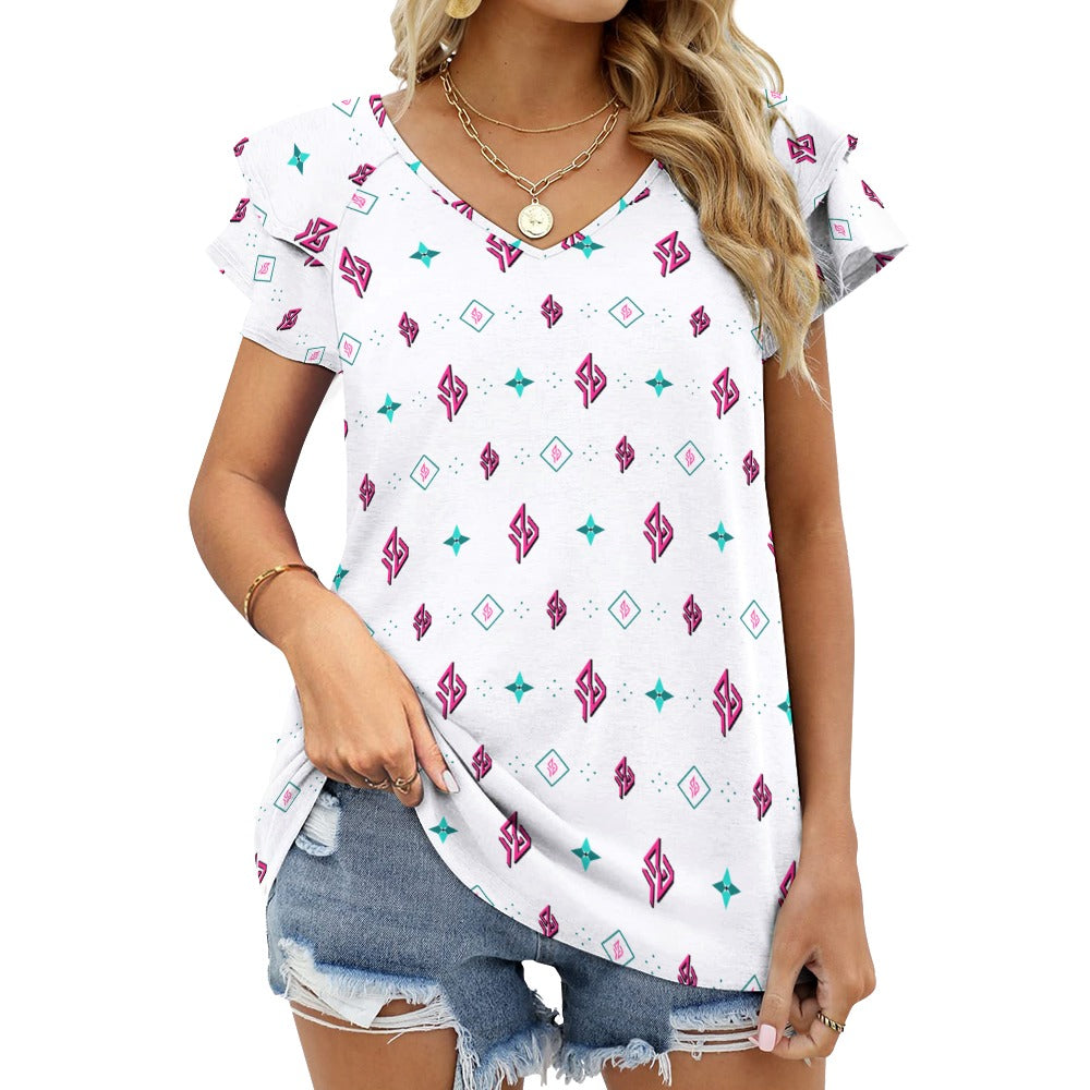 SUÐR Signature V-Neck Tee Damen – Weiß/Pink-Türkis