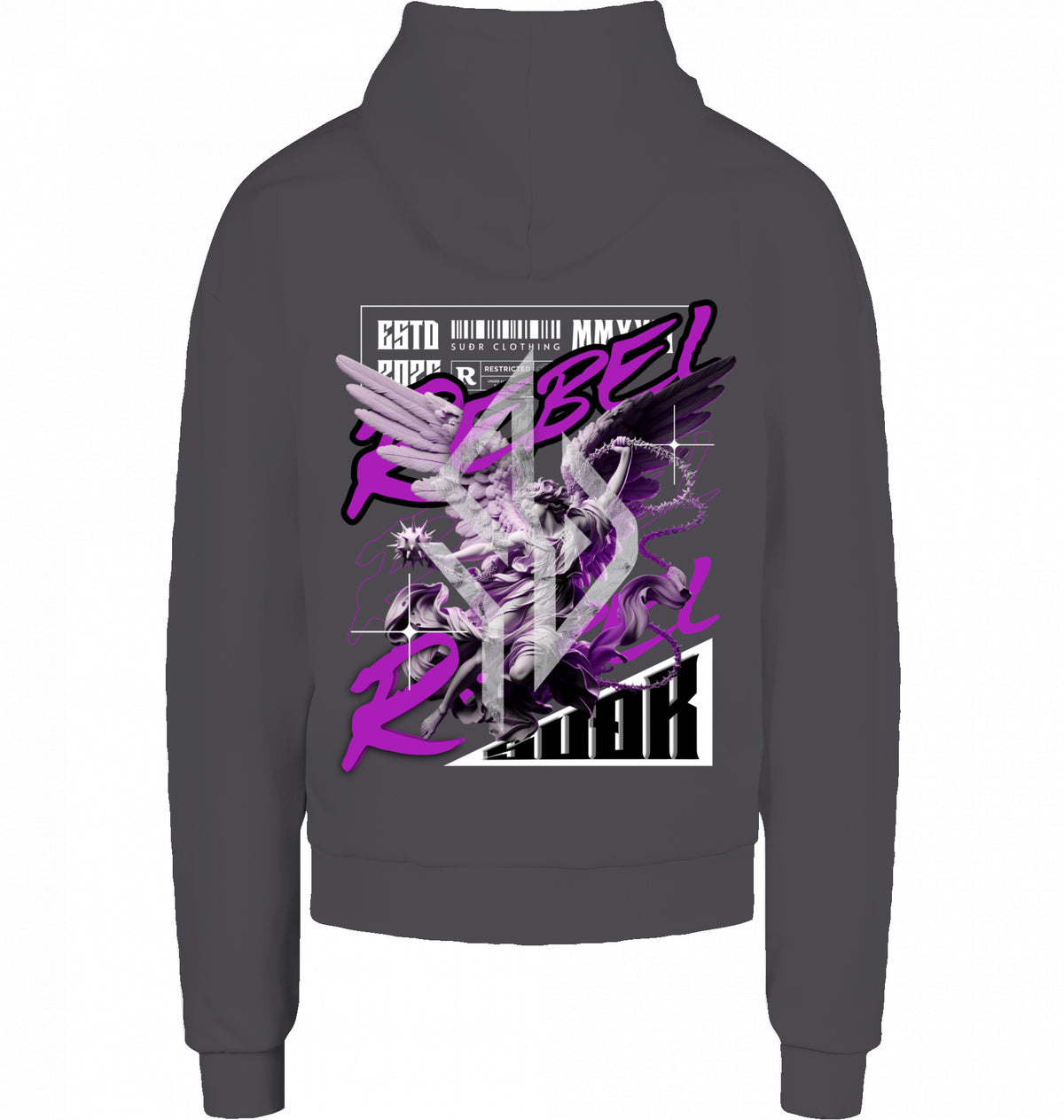 VESTR REBEL – Heavy Box Hoodie in Magnet, Engel-Backprint REBEL von SUÐR