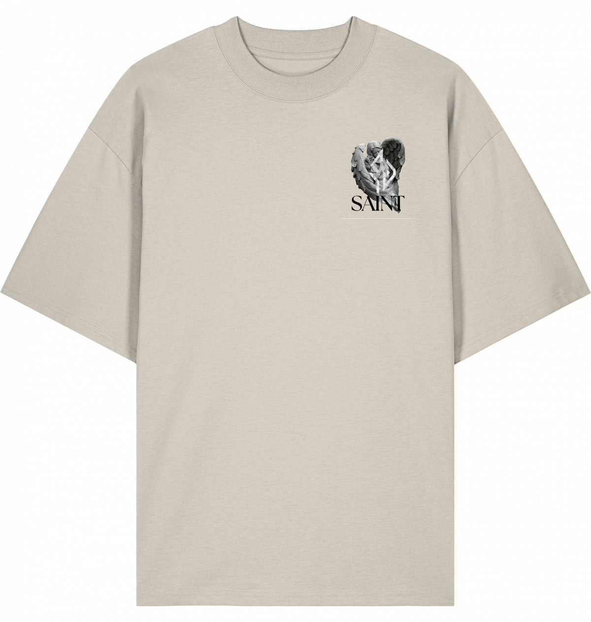 VESTR SAINT – Oversized Tee in Cream, kleines SAINT-Zeichen auf der Brust von SUÐR