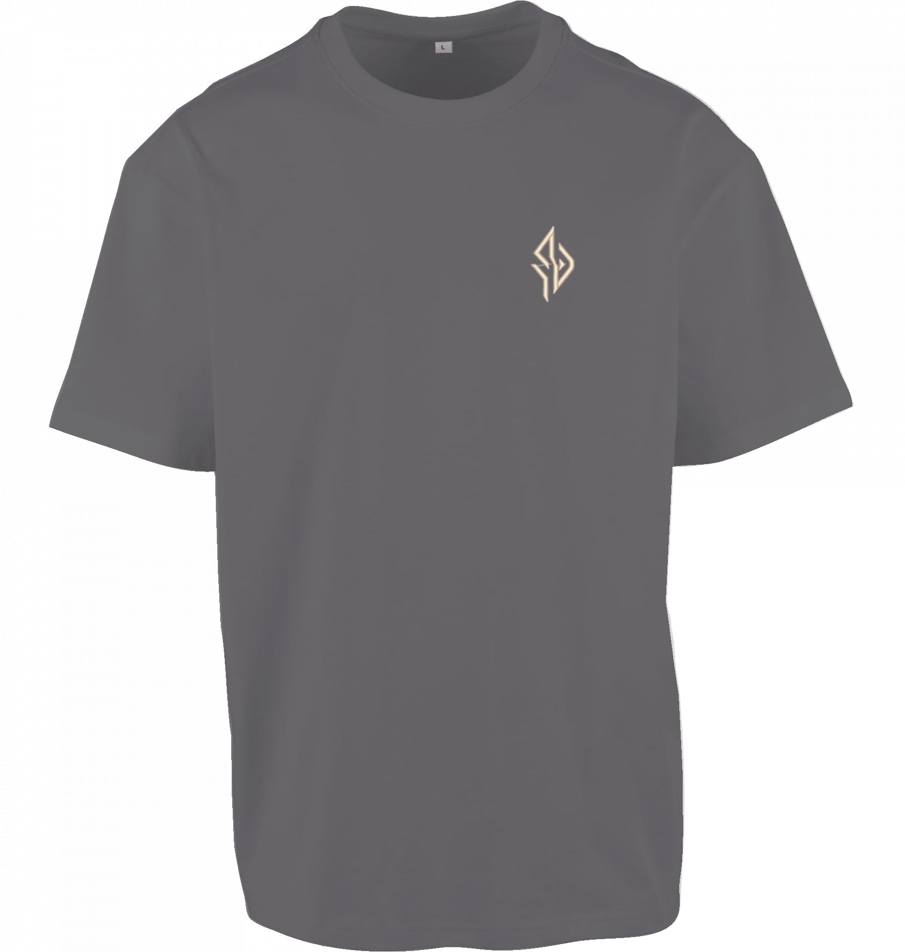 SUÐR FIND Wayfinder Tee in Magnet – Vorderseite mit beige gesticktem SUÐR-Monogramm auf der Brust