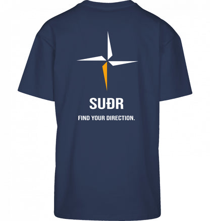 SUÐR FIND Heavy Oversize Tee in Light Navy – Rückansicht mit Kompass-Stern und Find Your Direction