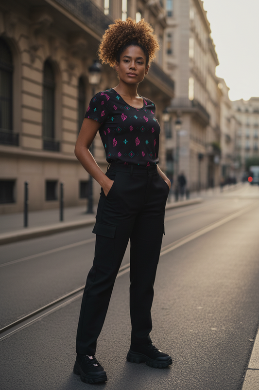 SUÐR Athletic Tee Damen – Schwarz/Pink-Türkis