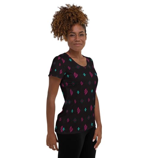 SUÐR Signature Athletic Tee Damen – Schwarz/Pink-Türkis