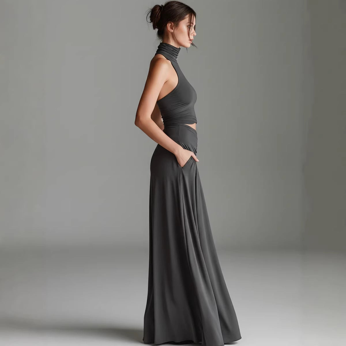 Style Sleeveless High Neck Top with Elegant Long Dress Two-Piece Set eprolo