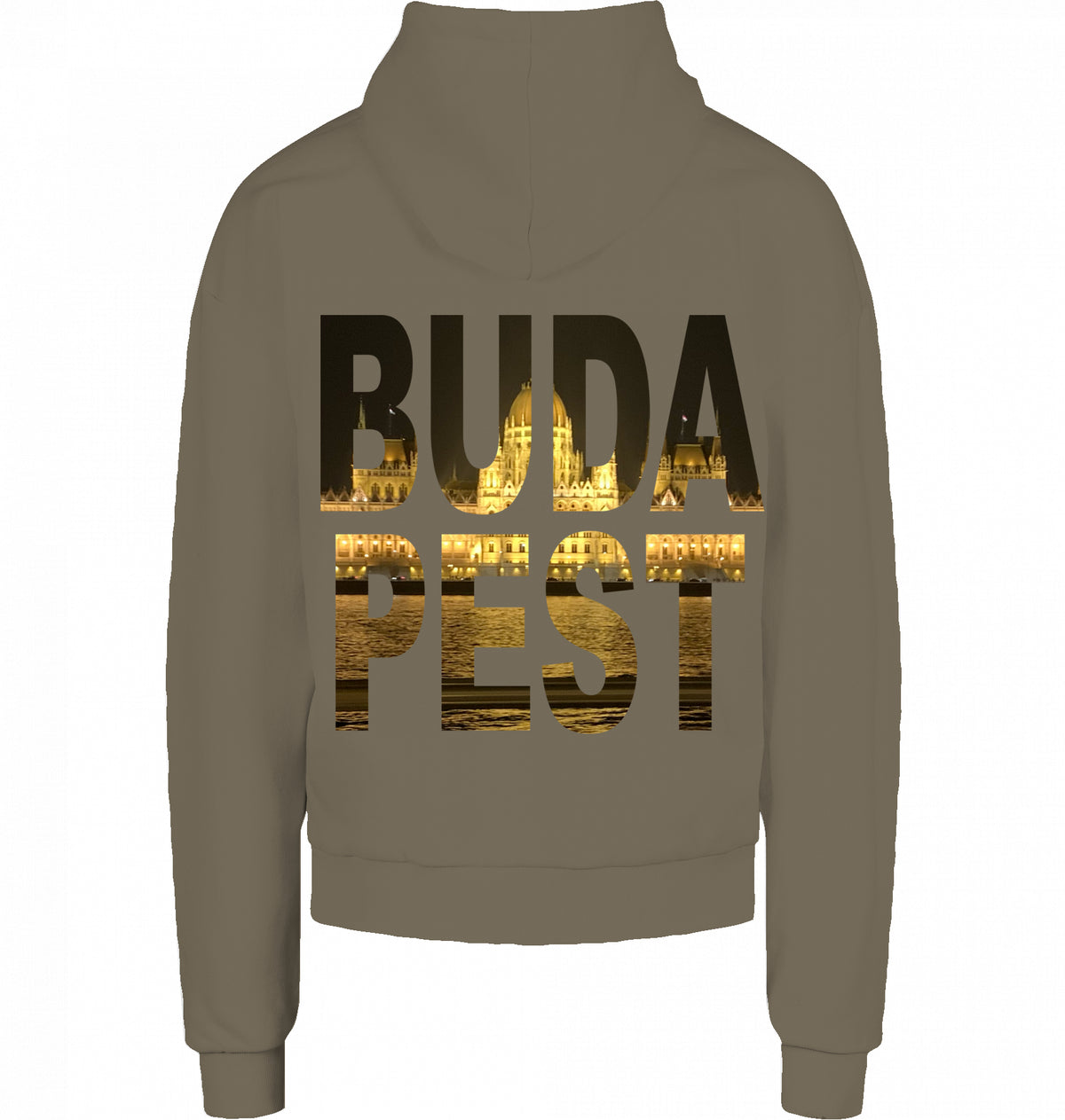 CITY 01 HOODIE BUDAPEST in Olive, BUDA PEST Knockout mit Parlament auf dem Rücken, von SUÐR