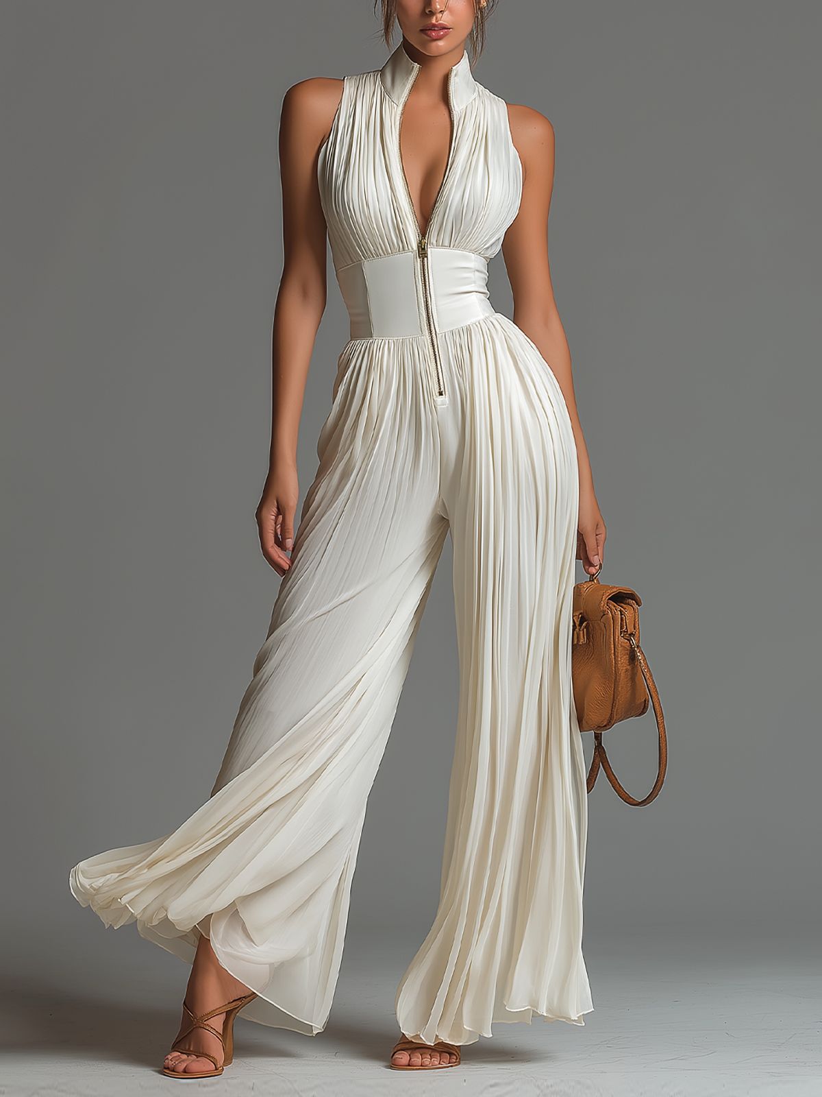White Pleated Strap Neck Jumpsuit for Women, Long Wide Leg Fashion Sexy Folded Design eprolo